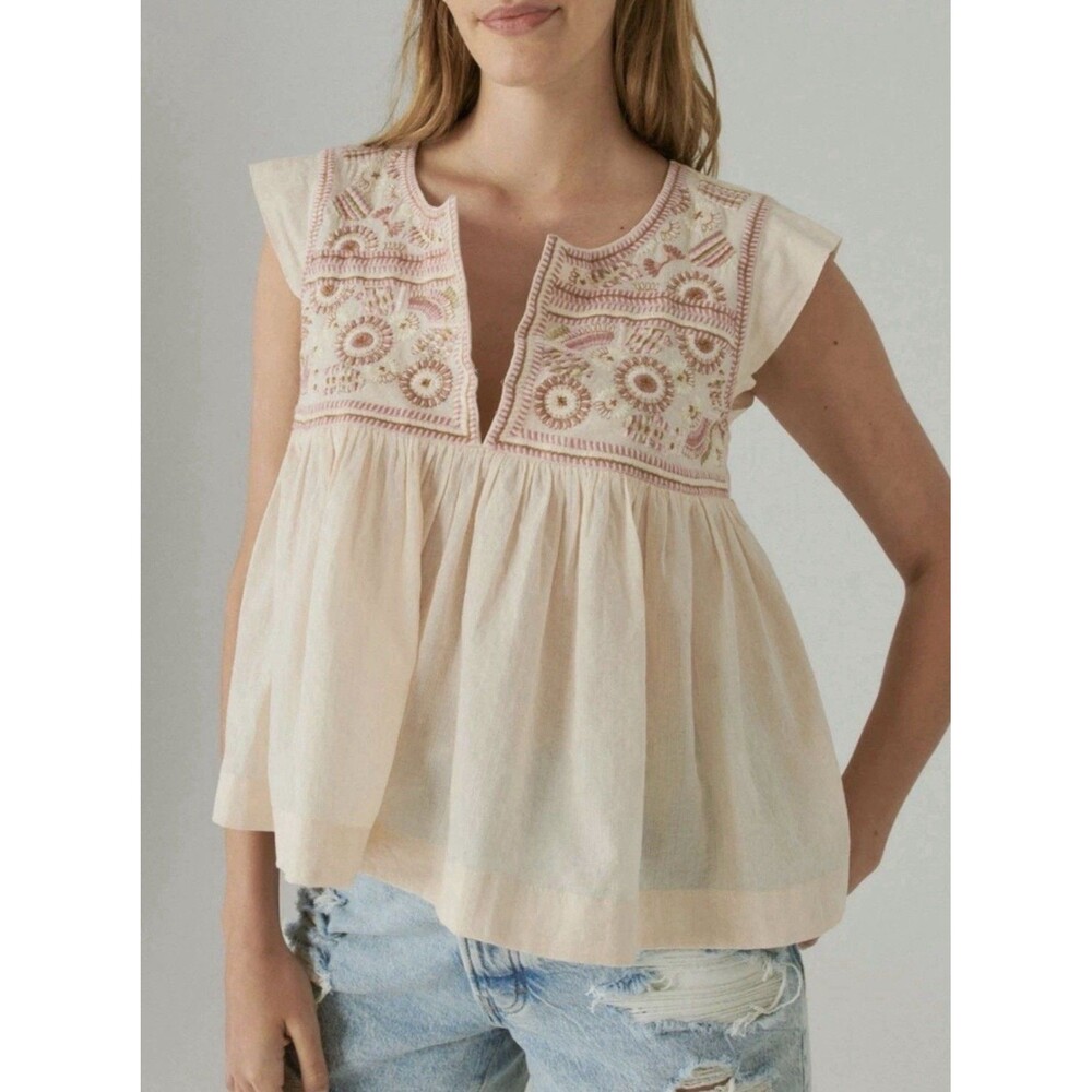 Lucky Brand Women's Embroidered Flutter Sleeve Top, Nude Pink, Size XL